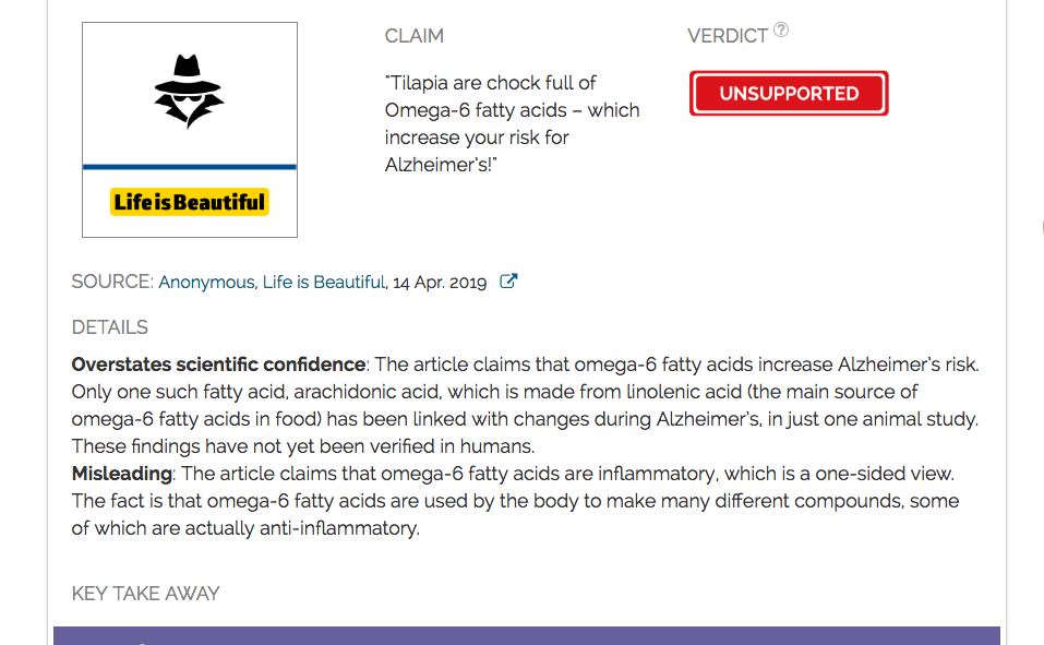 Omega6 fatty acids in tilapia do not increase risk for Alzheimer’s